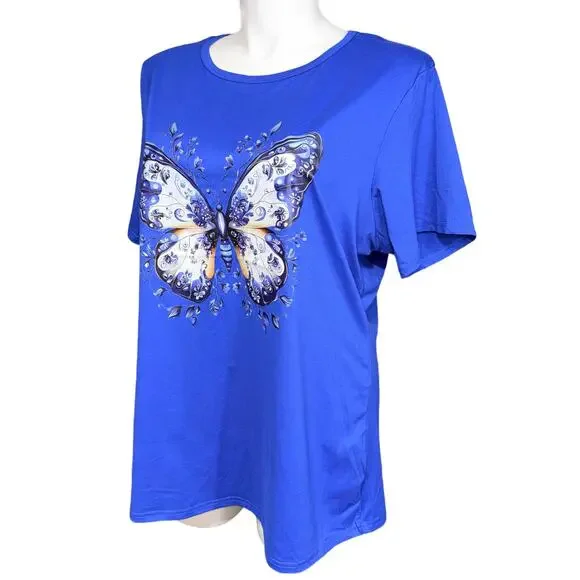 Boutique Womens Butterfly T Shirt Top Short Sleeve Pullover Floral Blue 5XL - Picture 6 of 7